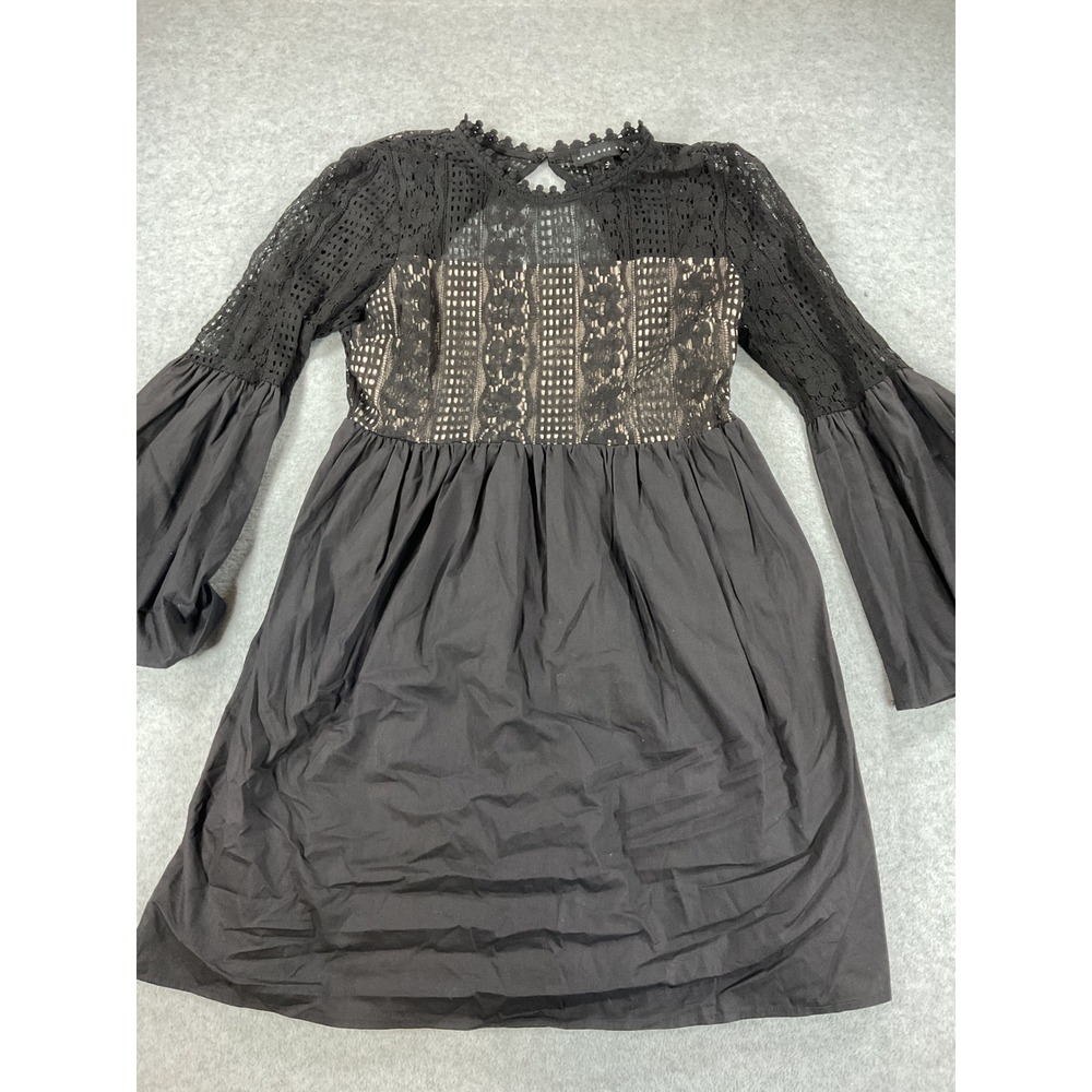 Endless Rose Black Lace Bell Sleeve Open Back Mini Dress Small Pom Pom Trim 2681